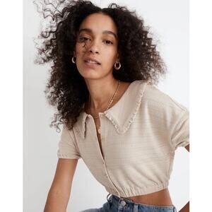 Madewell Ruffle Collared Short Buttoned Crop Top Beige Tan Neutral Knit Spring S
